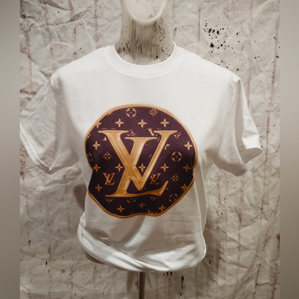 Sweatshirt Circle Design L V Symbol Brown & Tan On White Sweatshirt Pullover